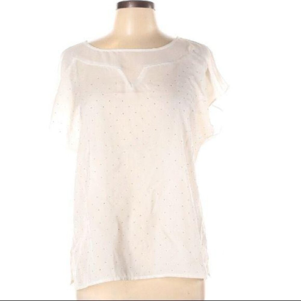 ABS Platinum Sleeveless Blouse Large Sheer Stone embroidery Keyhole Back Ivory